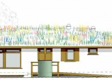 from the Plans - an elevation of the new building - we are not sure whether funding will stretch to a green roof, so an alternative would be cedar shingles.jpg